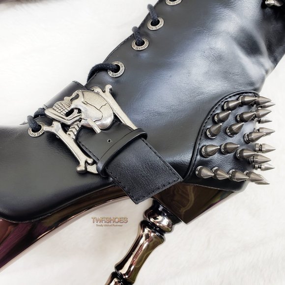 Muerto Goth Punk Bone Heel Spiked Skull Buckle Knee Boots RESTOCKED - Picture 9 of 15
